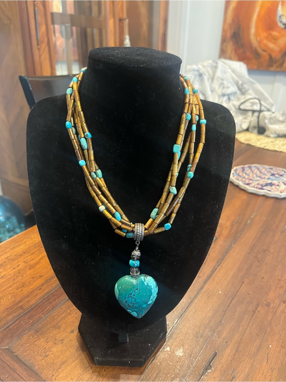 Turquoise Heart Pendant Multi-Strand Necklace - with glass beads , silver metal